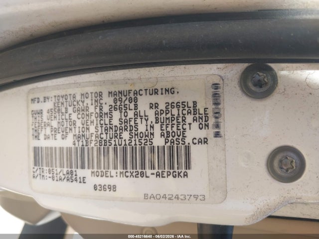 45216640 :رقم المزاد ، 4T1BF28B51U121525 vin ، 2001 Toyota Avalon Xls مزاد بيع