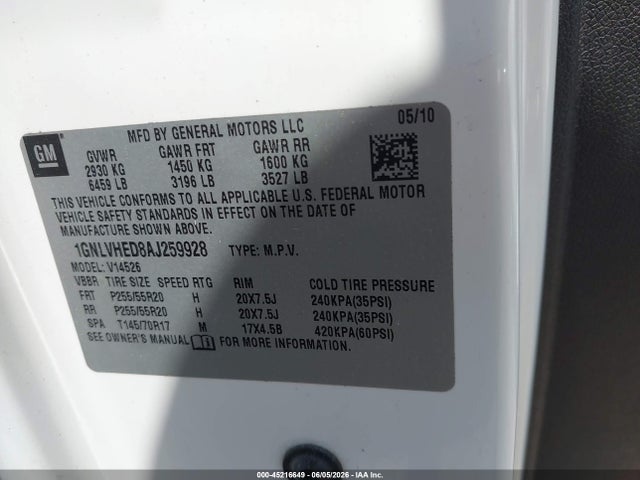 45216649 :رقم المزاد ، 1GNLVHED8AJ259928 vin ، 2010 Chevrolet Traverse Ltz مزاد بيع