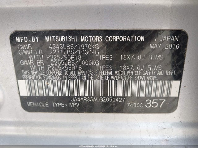 Aukcja sprzedaży 2016 Mitsubishi Outlander Sport 2.4 Es, vin: JA4AR3AW0GZ050427, numer aukcji: 45216654