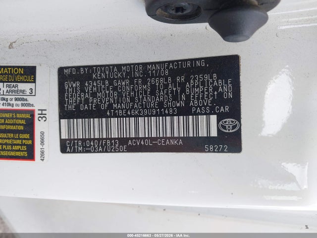 Aukcja sprzedaży 2009 Toyota Camry Le, vin: 4T1BE46K39U911483, numer aukcji: 45216663