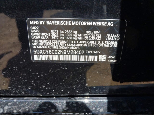 2022 Bmw X6 Xdrive40i მანქანა იყიდება აუქციონზე, vin: 5UXCY6C02N9M28402, აუქციონის ნომერი: 45216683