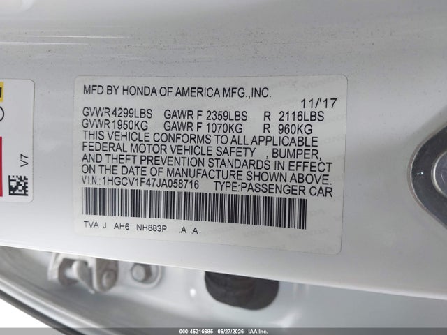 Honda ACCORD EX 2018 1HGCV1F47JA058716 Image 9