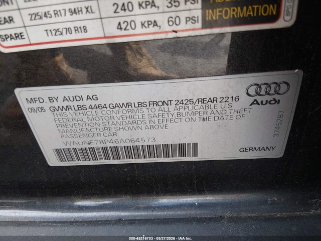 45216703 :رقم المزاد ، WAUNF78P46A064573 vin ، 2006 Audi A3 2.0t مزاد بيع