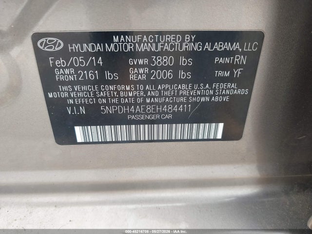 Aukcja sprzedaży 2014 Hyundai Elantra Se, vin: 5NPDH4AE8EH484411, numer aukcji: 45216708