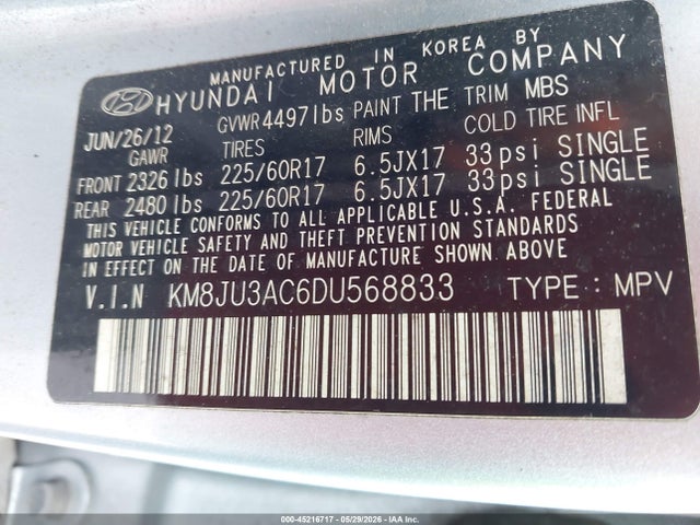 45216717 :رقم المزاد ، KM8JU3AC6DU568833 vin ، 2013 Hyundai Tucson Gls مزاد بيع