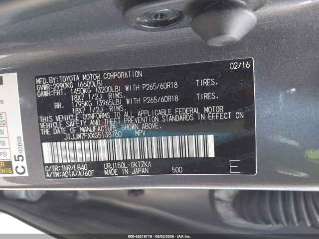 45216719 :رقم المزاد ، JTJJM7FXXG5138760 vin ، 2016 Lexus Gx 460 Luxury مزاد بيع