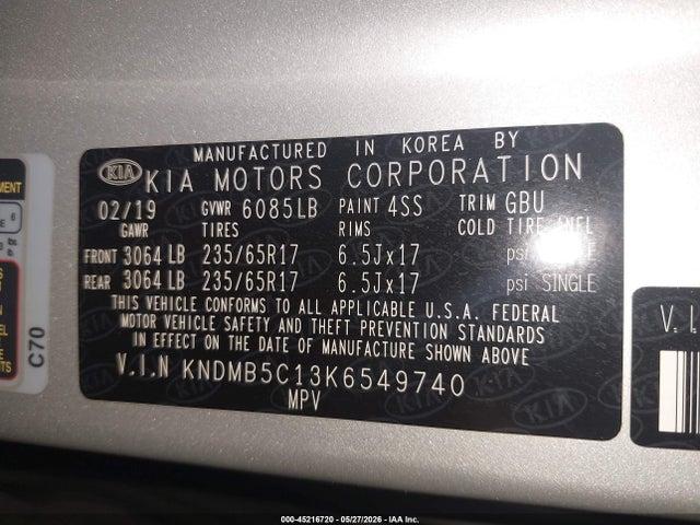 Aukcja sprzedaży 2019 Kia Sedona Lx, vin: KNDMB5C13K6549740, numer aukcji: 45216720