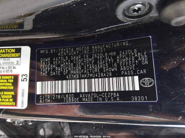 Aukcja sprzedaży 2021 Toyota Camry Xse, vin: 4T1K61AK7MU428428, numer aukcji: 45216736