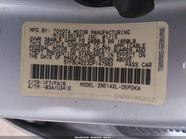 2013 Toyota Corolla L მანქანა იყიდება აუქციონზე, vin: 5YFBU4EE3DP147983, აუქციონის ნომერი: 45216750