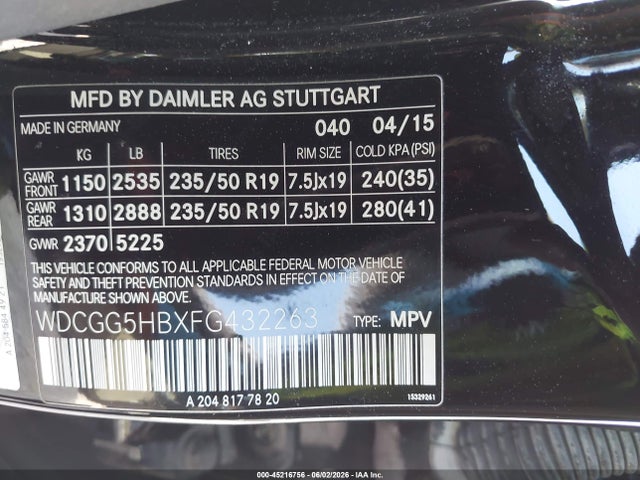 45216756 :رقم المزاد ، WDCGG5HBXFG432263 vin ، 2015 Mercedes-benz Glk 350 مزاد بيع