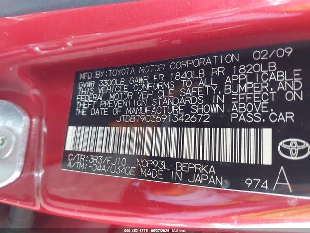 45216775 :رقم المزاد ، JTDBT903691342672 vin ، 2009 Toyota Yaris مزاد بيع