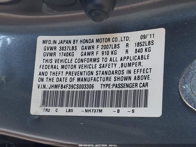 Aukcja sprzedaży 2012 Honda Civic Hybrid, vin: JHMFB4F39CS003306, numer aukcji: 45216778