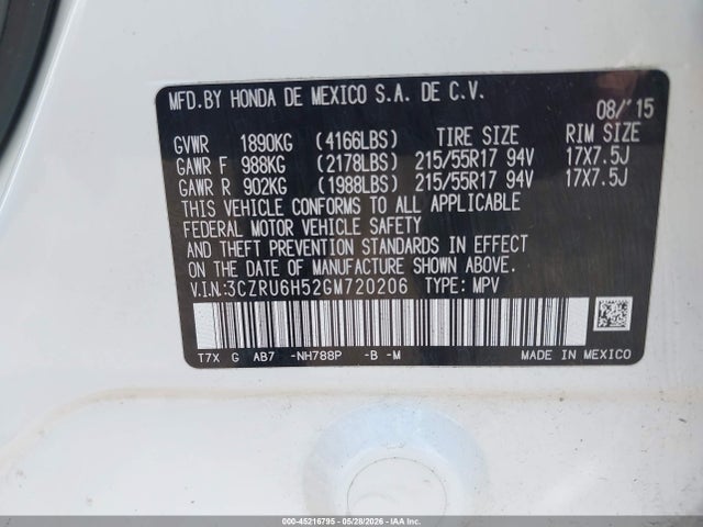 45216795 :رقم المزاد ، 3CZRU6H52GM720206 vin ، 2016 Honda Hr-v Ex مزاد بيع