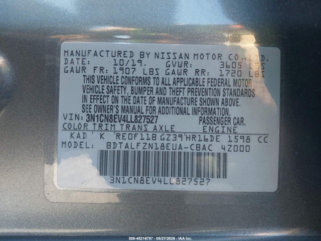 Aukcja sprzedaży 2020 Nissan Versa Sv Xtronic Cvt, vin: 3N1CN8EV4LL827527, numer aukcji: 45216797