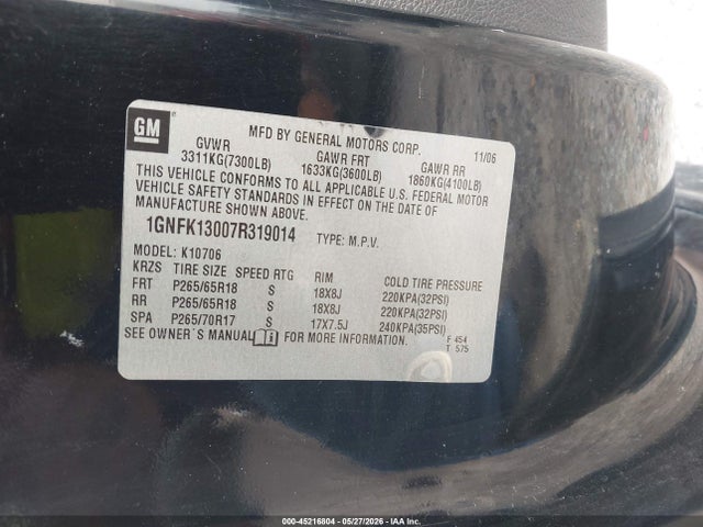 Продаж на аукціоні авто 2007 Chevrolet Tahoe Lt, vin: 1GNFK13007R319014, номер лоту: 45216804