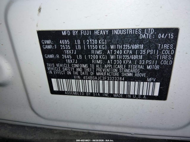 Subaru Outback 2.5i Limited 2015 4S4BSAJC3F3323284 Image 9