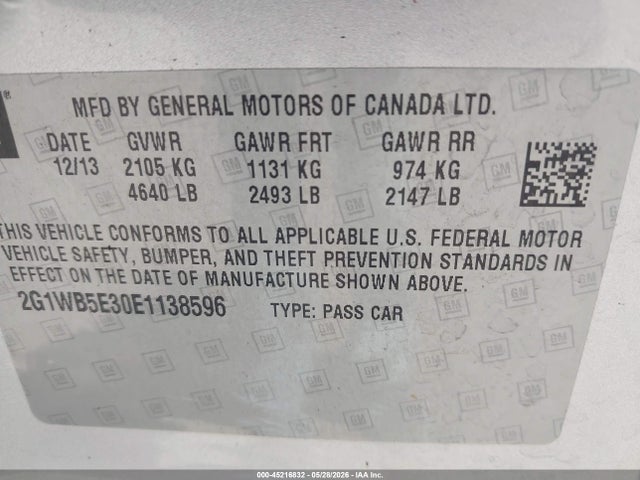 45216832 :رقم المزاد ، 2G1WB5E30E1138596 vin ، 2014 Chevrolet Impala Limited Lt مزاد بيع