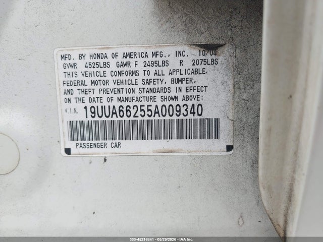 2005 Acura Tl მანქანა იყიდება აუქციონზე, vin: 19UUA66255A009340, აუქციონის ნომერი: 45216841