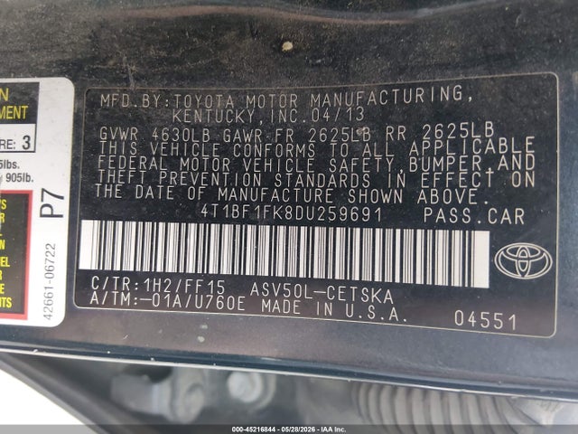 Aukcja sprzedaży 2013 Toyota Camry Se, vin: 4T1BF1FK8DU259691, numer aukcji: 45216844