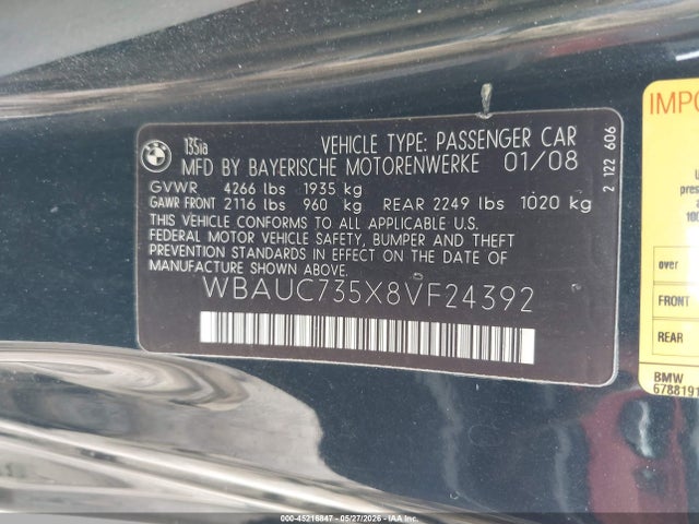 45216847 :رقم المزاد ، WBAUC735X8VF24392 vin ، 2008 Bmw 135i مزاد بيع