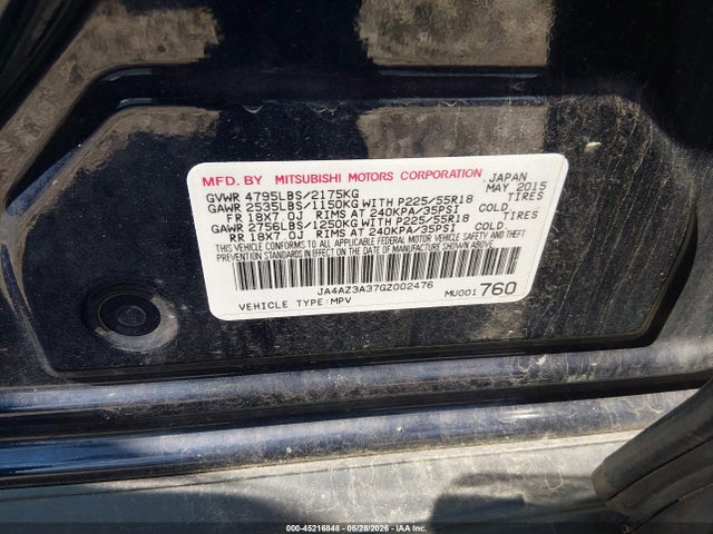 45216848 :رقم المزاد ، JA4AZ3A37GZ002476 vin ، 2016 Mitsubishi Outlander Es/se/sel مزاد بيع