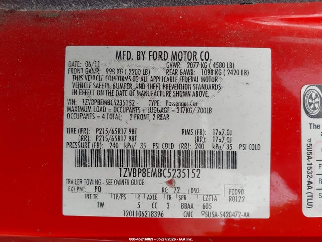 Aukcja sprzedaży 2012 Ford Mustang V6, vin: 1ZVBP8EM8C5235152, numer aukcji: 45216869