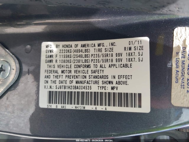 Aukcja sprzedaży 2011 Acura Rdx, vin: 5J8TB1H20BA004535, numer aukcji: 45216873