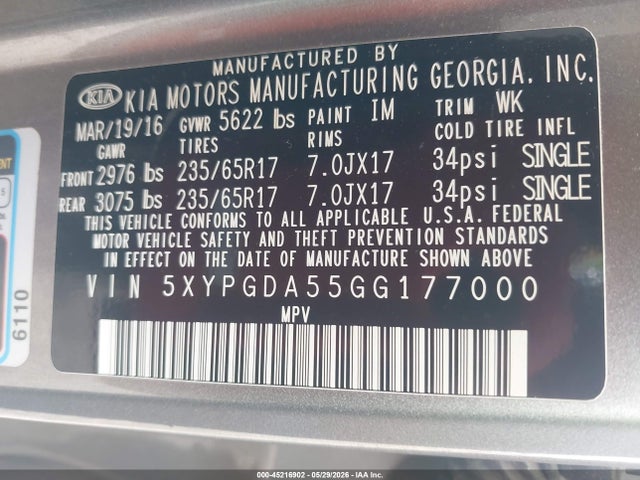 2016 Kia Sorento 3.3l Lx მანქანა იყიდება აუქციონზე, vin: 5XYPGDA55GG177000, აუქციონის ნომერი: 45216902