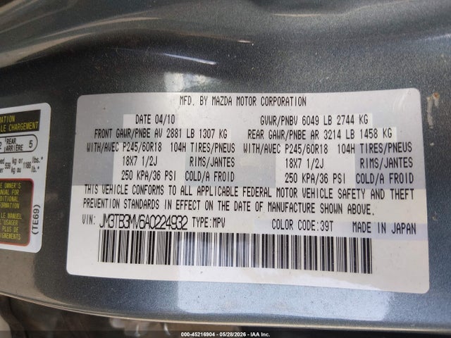 Aukcja sprzedaży 2010 Mazda Cx-9 Sport, vin: JM3TB3MV6A0224932, numer aukcji: 45216904