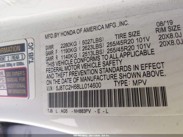 45216912 :رقم المزاد ، 5J8TC2H68LL014600 vin ، 2020 Acura Rdx A-spec Package مزاد بيع