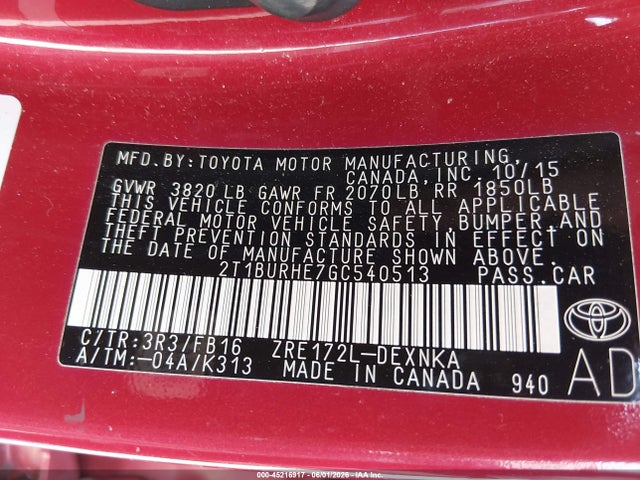 Продаж на аукціоні авто 2016 Toyota Corolla Le, vin: 2T1BURHE7GC540513, номер лоту: 45216917
