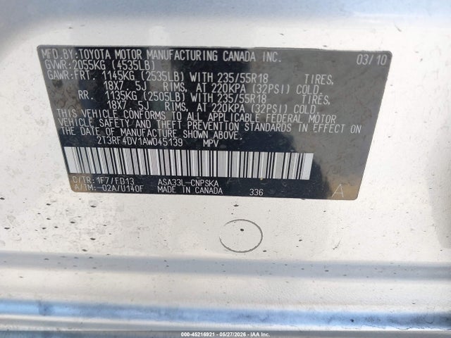 Aukcja sprzedaży 2010 Toyota Rav4 Sport, vin: 2T3RF4DV1AW045139, numer aukcji: 45216921
