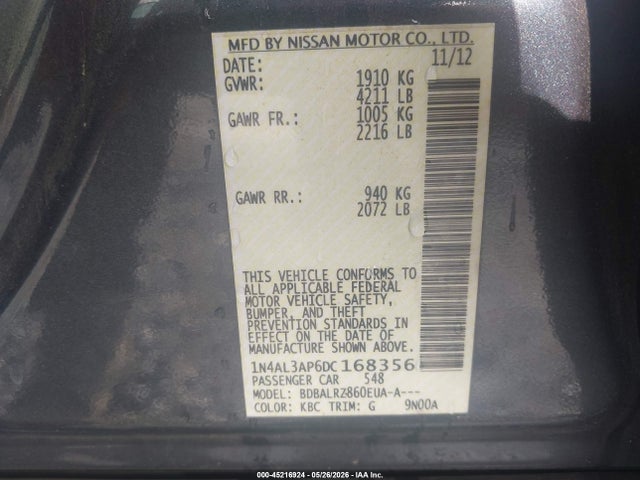 45216924 :رقم المزاد ، 1N4AL3AP6DC168356 vin ، 2013 Nissan Altima 2.5 S مزاد بيع