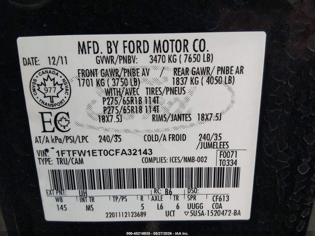 Aukcja sprzedaży 2012 Ford F-150 Xlt, vin: 1FTFW1ET0CFA32143, numer aukcji: 45216930