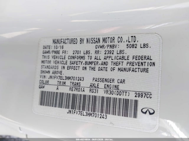 Aukcja sprzedaży 2017 Infiniti Q60 3.0t Red Sport 400, vin: JN1FV7EL3HM701243, numer aukcji: 45216934