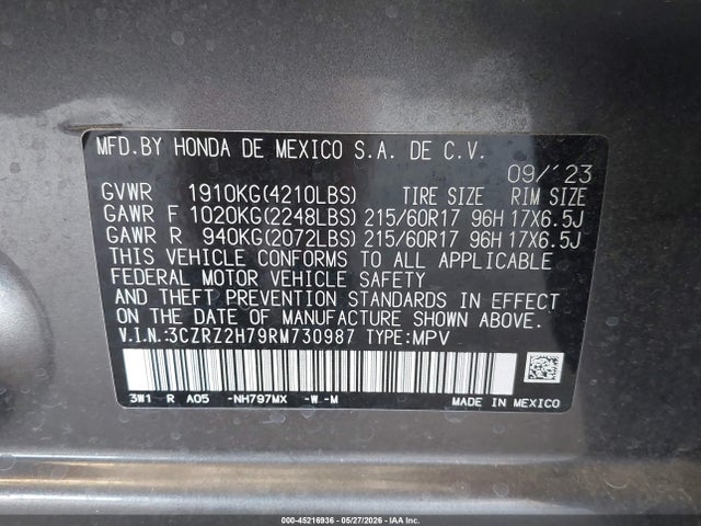 45216936 :رقم المزاد ، 3CZRZ2H79RM730987 vin ، 2024 Honda Hr-v Awd Ex-l/awd Ex-l W/o Bsi مزاد بيع