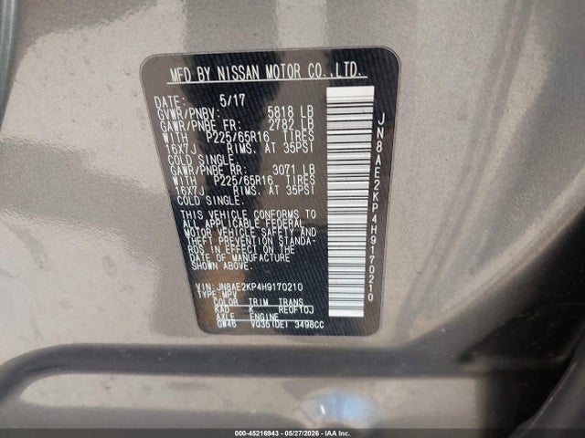 Продажа на аукционе авто 2017 Nissan Quest Sv, vin: JN8AE2KP4H9170210, номер лота: 45216943