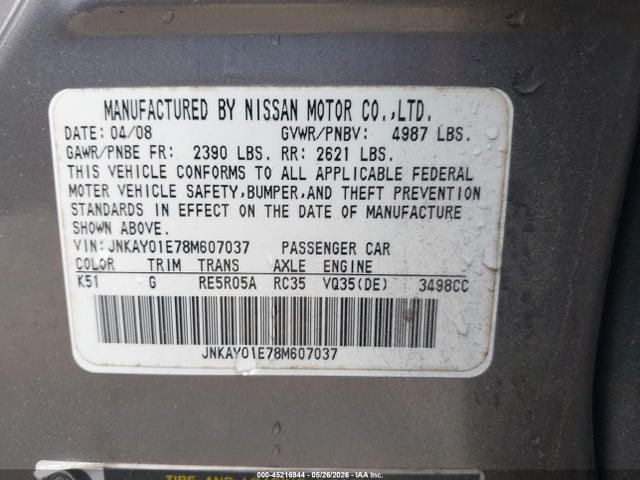 Aukcja sprzedaży 2008 Infiniti M35, vin: JNKAY01E78M607037, numer aukcji: 45216944