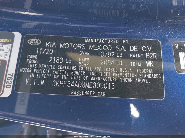 Aukcja sprzedaży 2021 Kia Forte Gt-line, vin: 3KPF34AD8ME309013, numer aukcji: 45216946