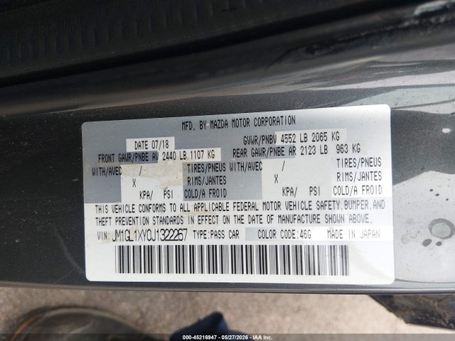 Aukcja sprzedaży 2018 Mazda Mazda6 Signature, vin: JM1GL1XY0J1322267, numer aukcji: 45216947