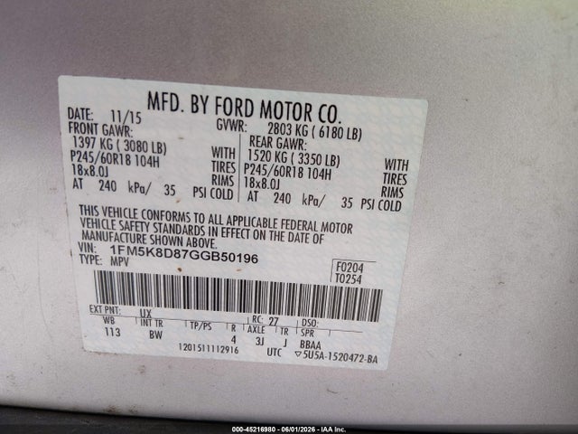 Aukcja sprzedaży 2016 Ford Explorer Xlt, vin: 1FM5K8D87GGB50196, numer aukcji: 45216980
