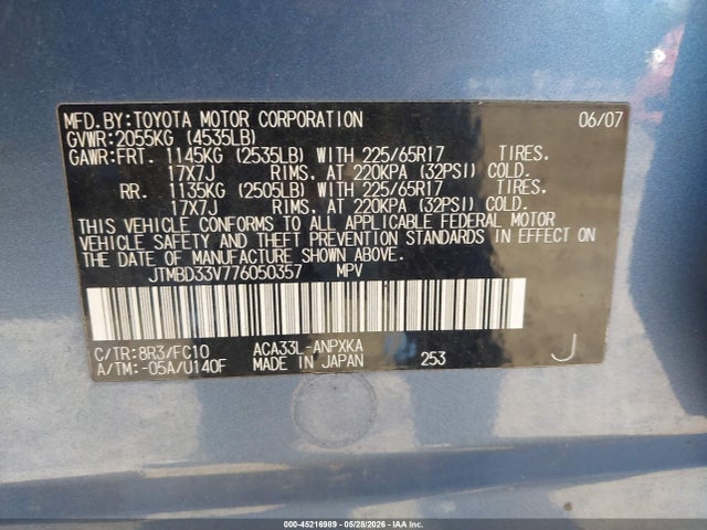 Aukcja sprzedaży 2007 Toyota Rav4, vin: JTMBD33V776050357, numer aukcji: 45216989