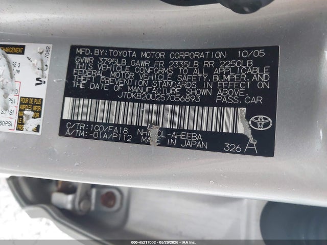Aukcja sprzedaży 2005 Toyota Prius, vin: JTDKB20U257056893, numer aukcji: 45217002