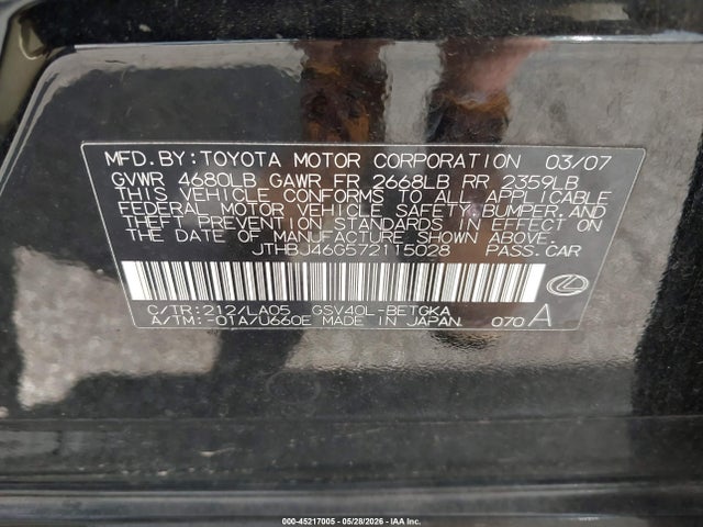 Продаж на аукціоні авто 2007 Lexus Es 350, vin: JTHBJ46G572115028, номер лоту: 45217005