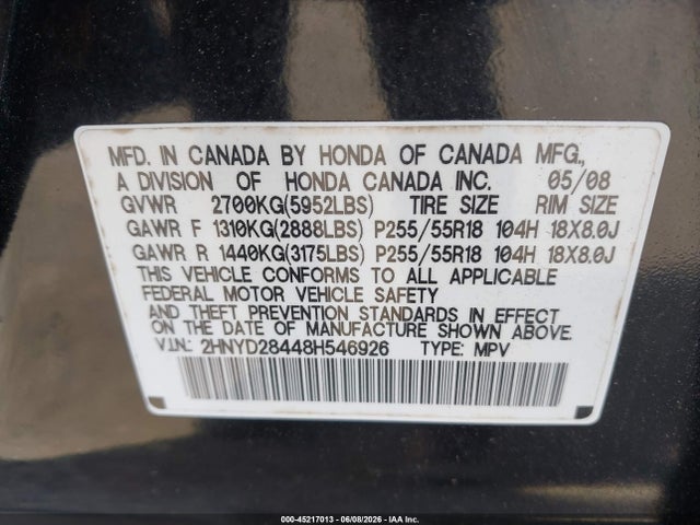 Продаж на аукціоні авто 2008 Acura Mdx Technology Package, vin: 2HNYD28448H546926, номер лоту: 45217013