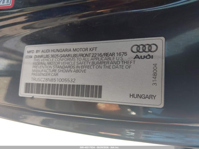 45217024 :رقم المزاد ، TRUSC28N851005532 vin ، 2005 Audi Tt 1.8l مزاد بيع