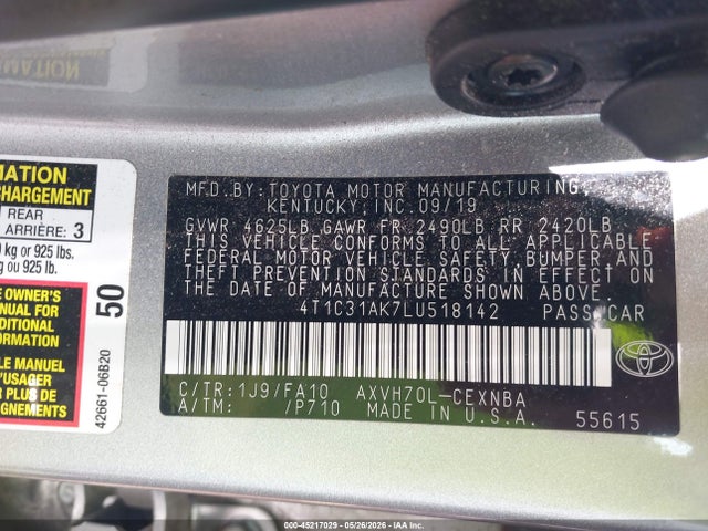 45217029 :رقم المزاد ، 4T1C31AK7LU518142 vin ، 2020 Toyota Camry Le Hybrid مزاد بيع