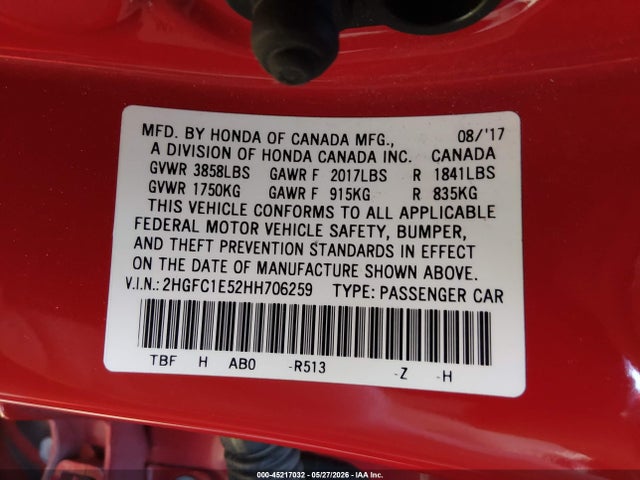 Honda CIVIC SI 2017 2HGFC1E52HH706259 Image 9