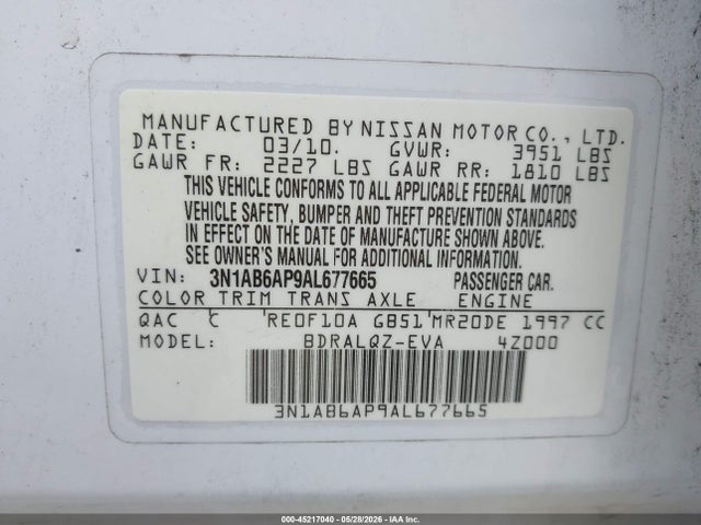 Aukcja sprzedaży 2010 Nissan Sentra 2.0, vin: 3N1AB6AP9AL677665, numer aukcji: 45217040