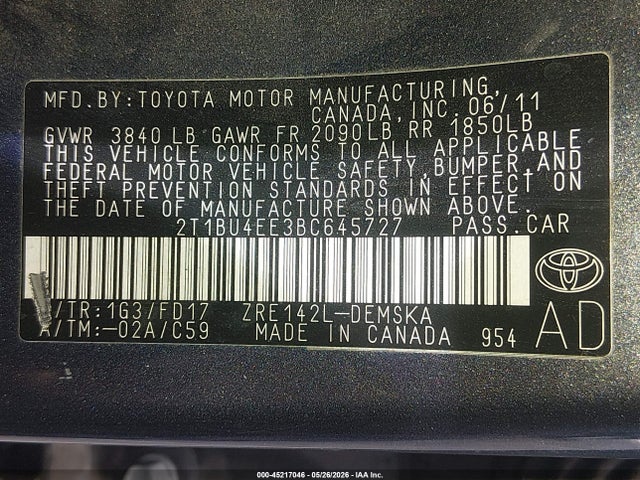 45217046 :رقم المزاد ، 2T1BU4EE3BC645727 vin ، 2011 Toyota Corolla S مزاد بيع